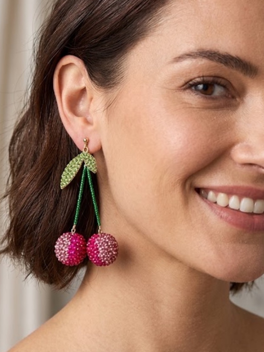 Piper K Rhinestone Glass Cherry Drop Dangle Earrings Bright Pink Green Gold
N - Picture 1 of 6